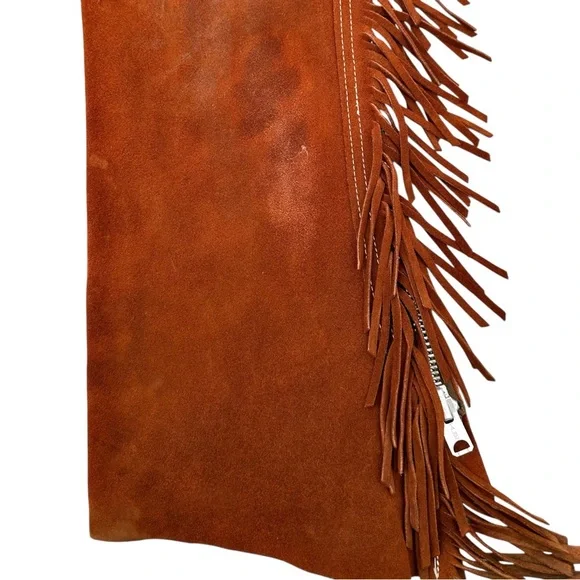 TALON ZIPPER RARE Pre 1960s Vintage Brown Distressed Suede Fringe Trim Chaps - Picture 3 of 12